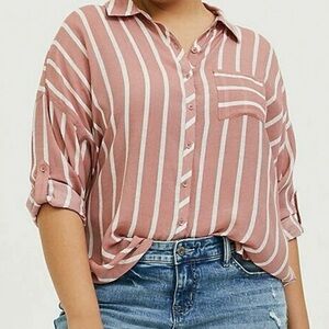 torrid Button Front Tunic Shirt Dusty pink And White Long Sleeves 0X / Large